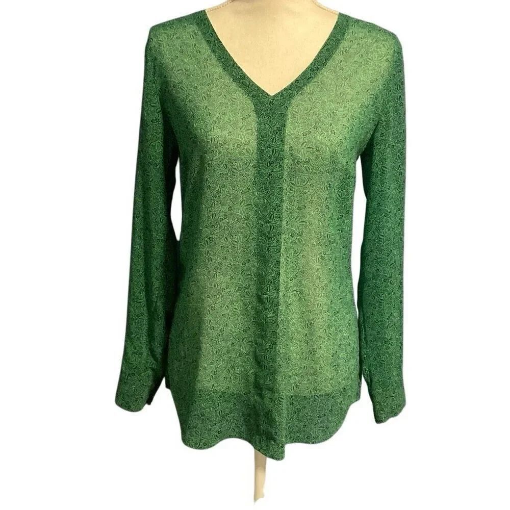 CAbi Floral Chic Sheer V-Neck Long Sleeve Tunic Blouse Green Navy Blue Size XS